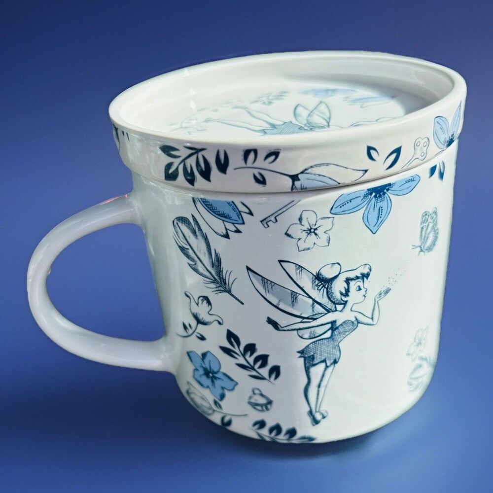 Disney Tinker Bell Blue White Floral Ceramic Mug With Lid Zrike Brands 16oz